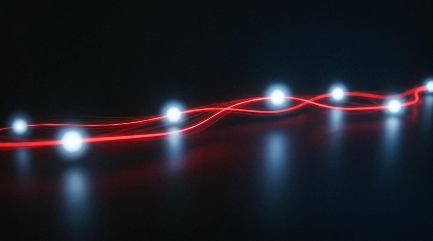 Eine rote Linie durch leuchtende Knotenpunkte